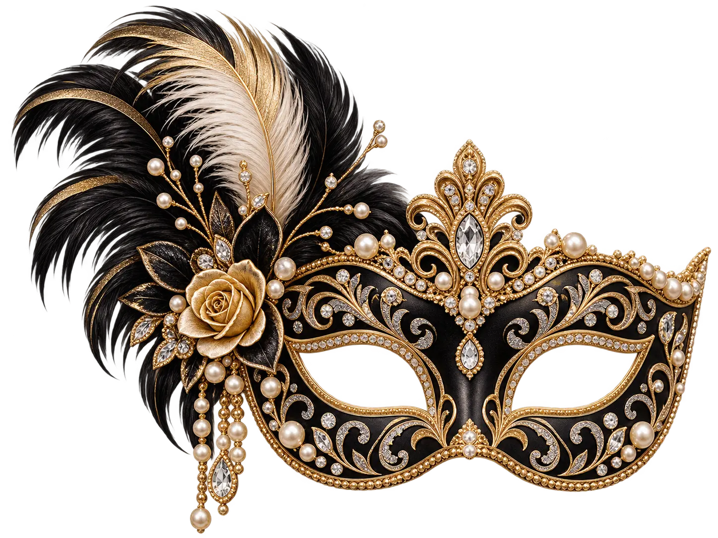 Antifaz negro y dorado con plumas y perlas